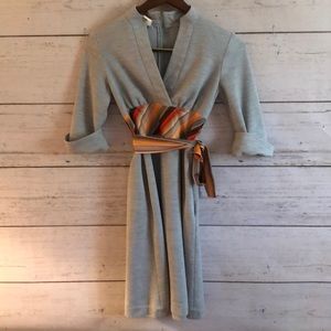 Vintage Grey 3/4 Sleeve Belted Dress